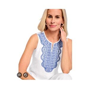 Talbots White and Blue Boho Cotton Tank Large